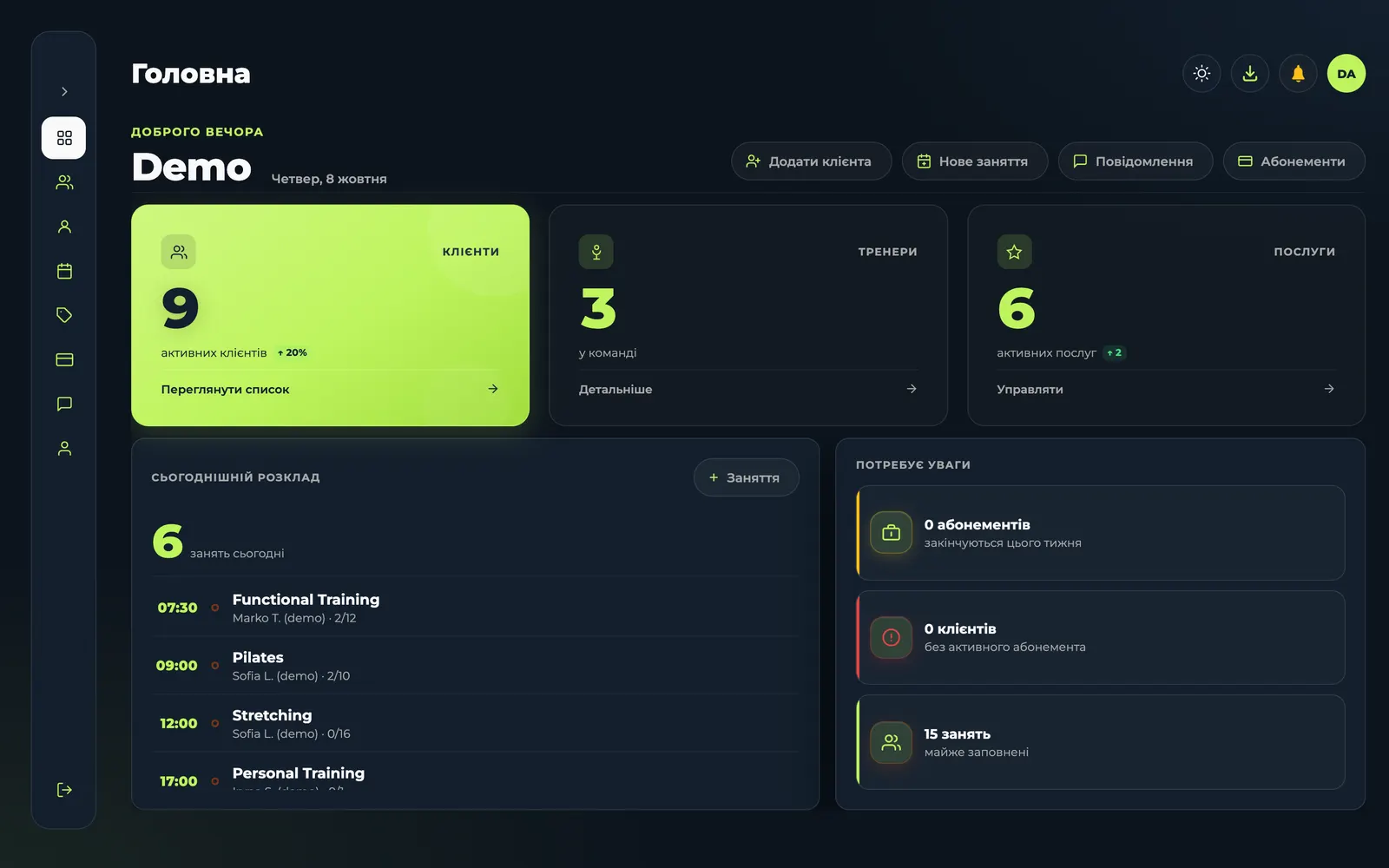 Cluvyra admin dashboard of a demo studio: today’s classes, clients, trainers and items that need attention
